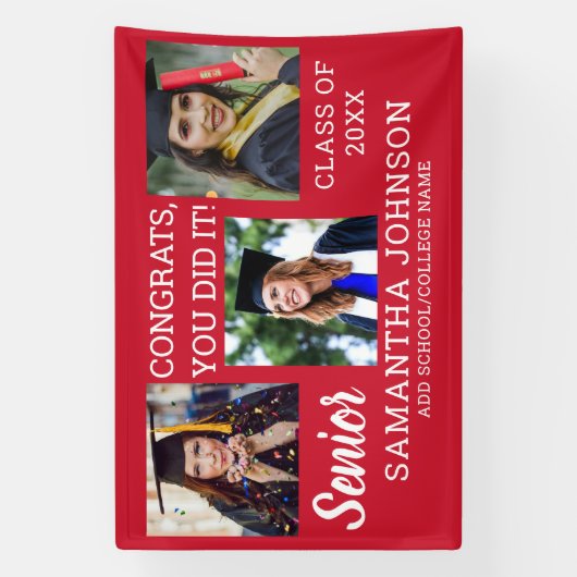 Red Abschluss 3 Foto Collage Glückwunschs Senior Banner (Vertikal)