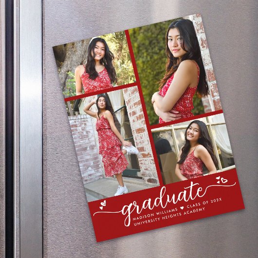 Red Abschluss 4 Foto Script Hearts Modern Girly Magneteinladung