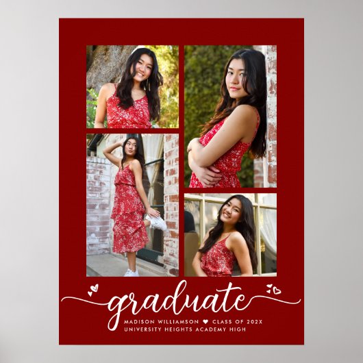 Red Abschluss 4 Foto Script Hearts Modern Girly Poster (Vorne)