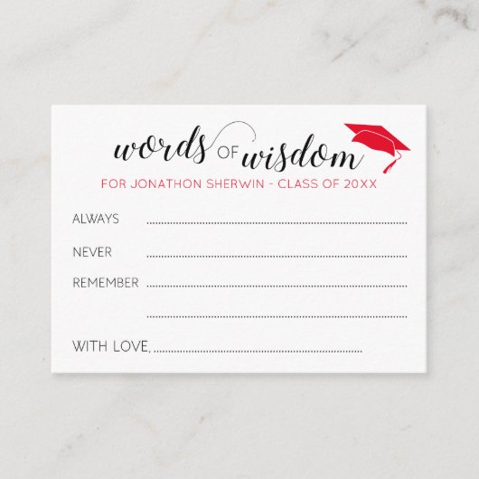 Red Abschluss Words of Wisdom Advice for Graduate Hinweiskarte (Vorderseite)
