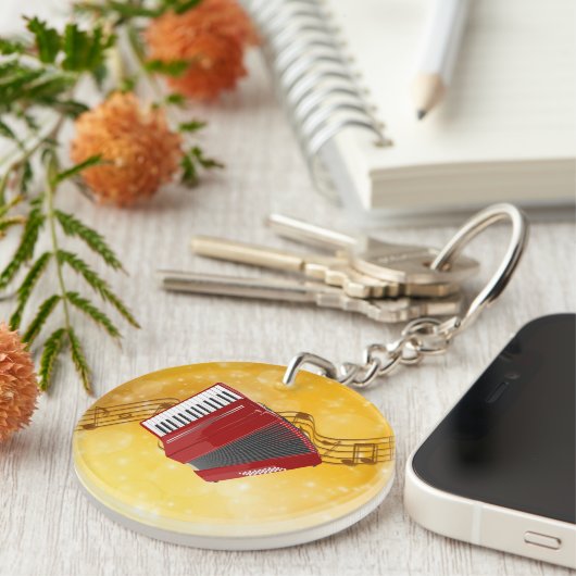 Red Accordion, Musical Notes on Gold background Schlüsselanhänger (Vorderseite rechts)
