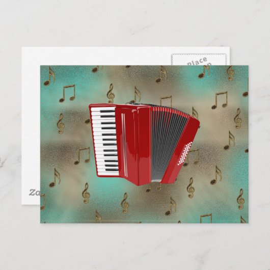 Red Accordion on Musical Notes Postkarte (Vorne/Hinten)