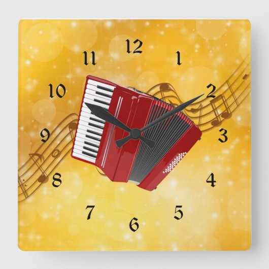 Red Accordion und Musical Notes Quadratische Wanduhr (Vorderseite)