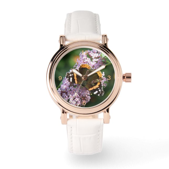 Red Admiral Butterfly und Buddleia Watch Armbanduhr (Vorderseite)