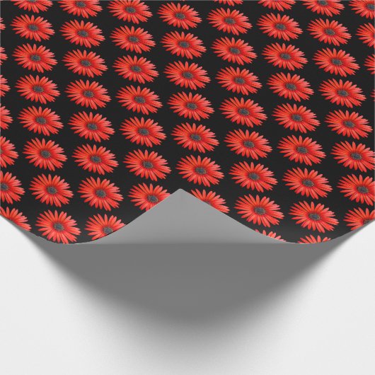 Red African Daisy Pattern auf schwarz Geschenkpapier (Ecke)