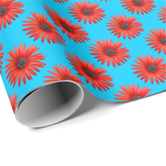 Red African Daisy Pattern auf Sky Blue Geschenkpapier (Rolleneckpunkt)