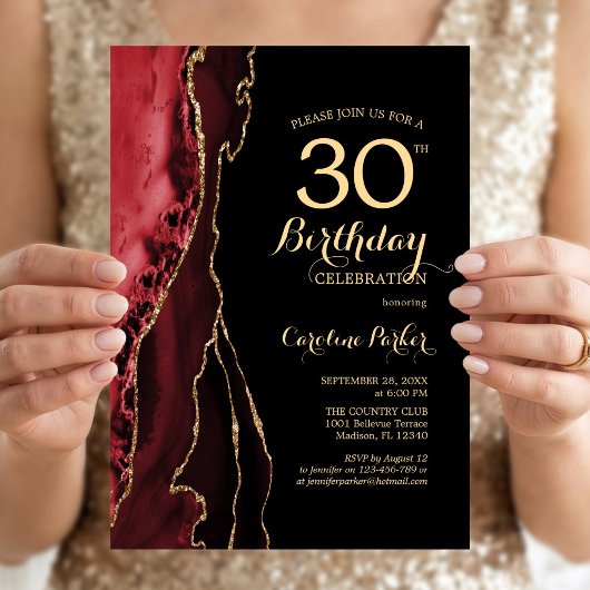 Red Agate Gold Black 30. Geburtstag Einladung