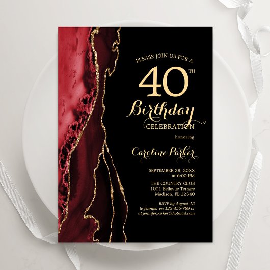 Red Agate Gold Black 40. Geburtstag Einladung