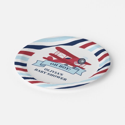 Red Airplane Baby Dusche Pappteller (Schrägansicht)