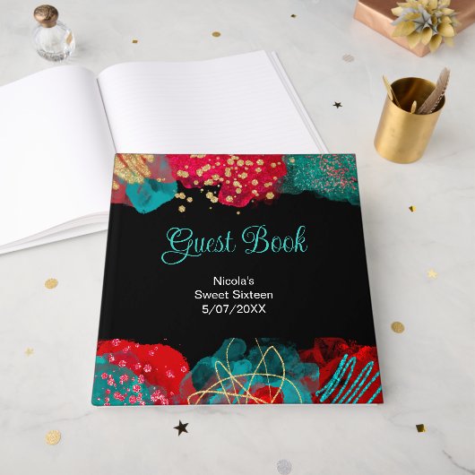 Red Alcohol Ink Sweet 16 Birthday Party Gästebuch (Vorderseite offen)