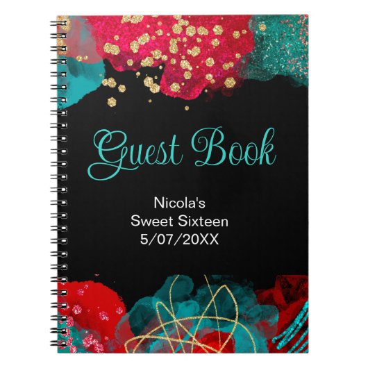 Red Alcohol Ink Sweet 16 Birthday Party Guest Book Notizblock (Vorderseite)