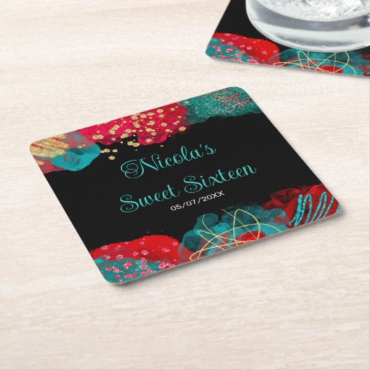 Red Alcohol Ink Sweet 16 Birthday Party  Rechteckiger Pappuntersetzer (angewinkelt)