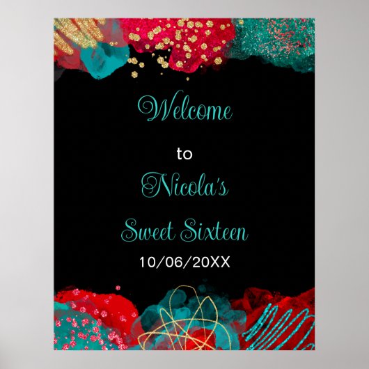 Red Alcohol Ink Sweet 16 Birthday Party Welcome Poster (Vorne)