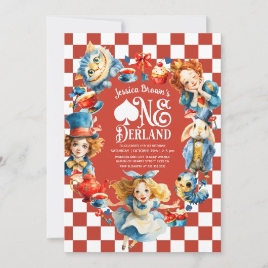 Red Alice in ONEDERLAND 1st Birthday Tea Party Einladung (Vorderseite)
