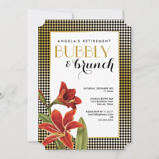 Red Amaryllis Blume überprüft Gold Einladung (Vorderseite)