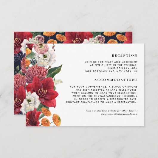 Red Amaryllis Botanical Winter Wedding Details Begleitkarte (Vorne/Hinten)