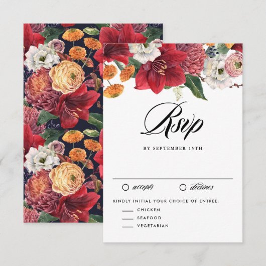 Red Amaryllis Botanical Winter Wedding RSVP Karte (Vorne/Hinten)