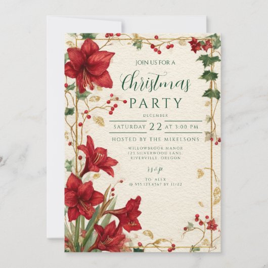 Red Amaryllis Rustikale Weihnachten Einladung (Vorderseite)