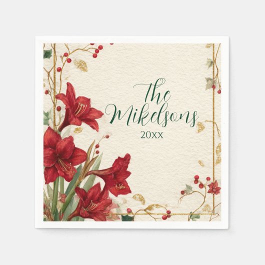 Red Amaryllis Rustikale Weihnachten Serviette (Vorderseite)