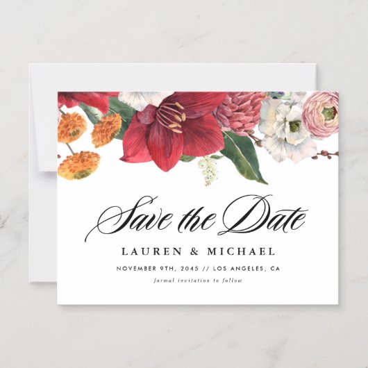 Red Amaryllis und Herbst-Blume Save the Date Magneteinladung (Vorderseite)