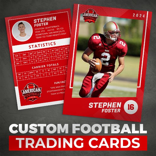 Red American Football Player Trading Card Telefonnummerkarte