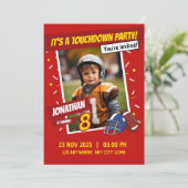 Red American Football Touchdown Kindergeburtstag Einladung (Stehend Vorderseite)