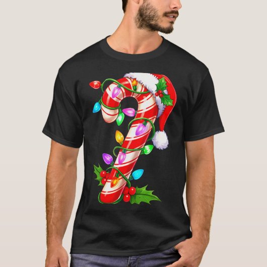 Red & White Candy Cane Crew Christmas Santa Ha T-Shirt (Vorderseite)