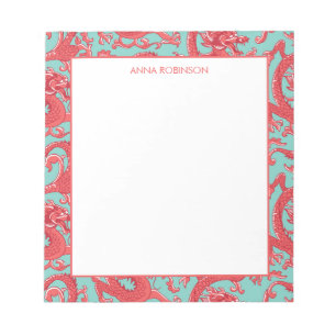 Red and Aqua Chinoiserie Dragon Notepad Notizblock
