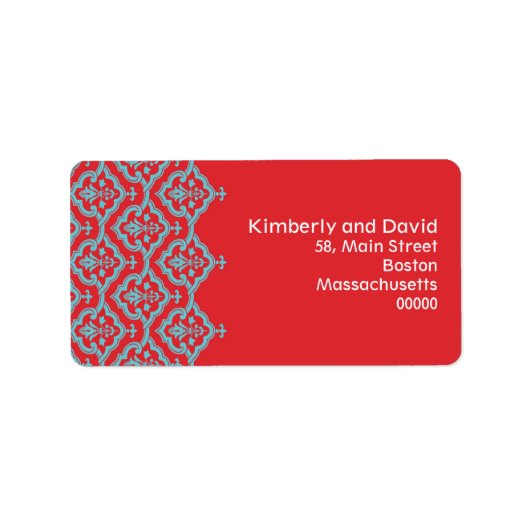 Red and Aqua Damask Wedding Address Labels Adressaufkleber (Vorne)