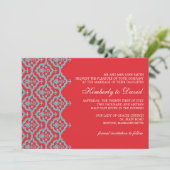 Red and Aqua Damask Wedding Einladung (Stehend Vorderseite)