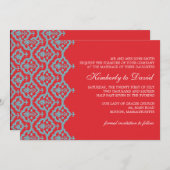 Red and Aqua Damask Wedding Einladung (Vorne/Hinten)