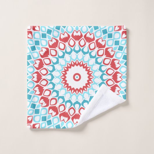 Red and Aqua Geometric Mandala Pattern Badhandtuch Set (Waschlappen)