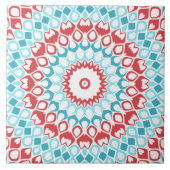 Red and Aqua Geometric Mandala Pattern Fliese (Vorderseite)