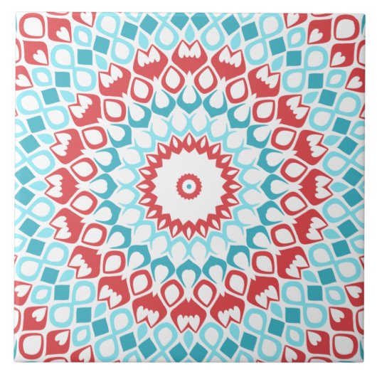 Red and Aqua Geometric Mandala Pattern Fliese (Vorderseite)