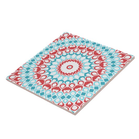 Red and Aqua Geometric Mandala Pattern Fliese (Seite)