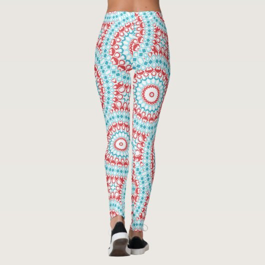 Red and Aqua Geometric Mandala Pattern Leggings (Rückseite)