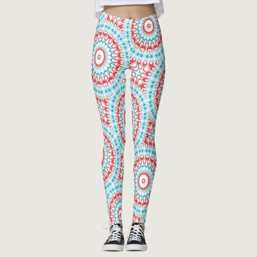 Red and Aqua Geometric Mandala Pattern Leggings (Vorderseite)