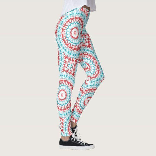 Red and Aqua Geometric Mandala Pattern Leggings (Rechts)