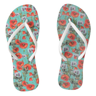 Red and Aqua Poppies Pattern Badesandalen