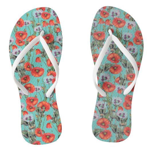 Red and Aqua Poppies Pattern Badesandalen (Fußbett)