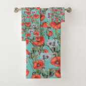 Red and Aqua Poppies Pattern Badhandtuch Set (Insitu)