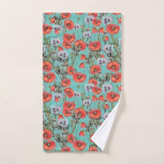 Red and Aqua Poppies Pattern Badhandtuch Set (Handtuch)