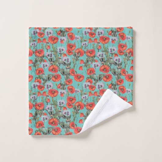 Red and Aqua Poppies Pattern Badhandtuch Set (Waschlappen)