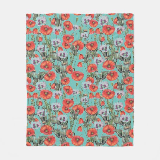 Red and Aqua Poppies Pattern Fleecedecke (Vorderseite)