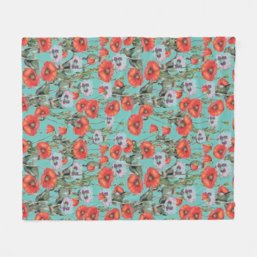 Red and Aqua Poppies Pattern Fleecedecke (Vorderseite (Horizontal))