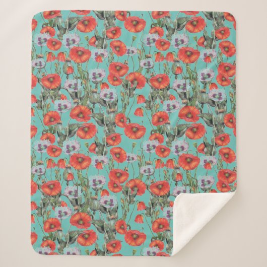 Red and Aqua Poppies Pattern Sherpadecke (Vorderseite)
