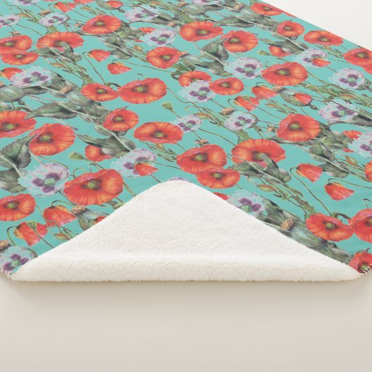 Red and Aqua Poppies Pattern Sherpadecke (3/4)