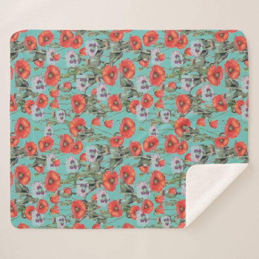 Red and Aqua Poppies Pattern Sherpadecke (Vorderseite (Horizontal))