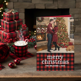 Red and Black Buffalo Plaid Merry Christmas Photo  Feiertagskarte