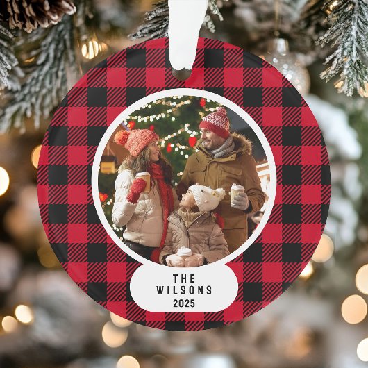 Red and Black Buffalo Plaid Photo Christmas Ornament
